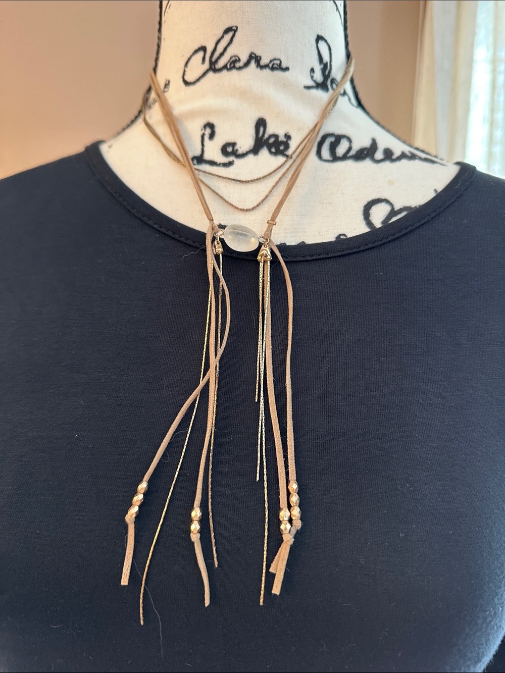 Beaded Tassel Leather Lariat Necklace in Tan